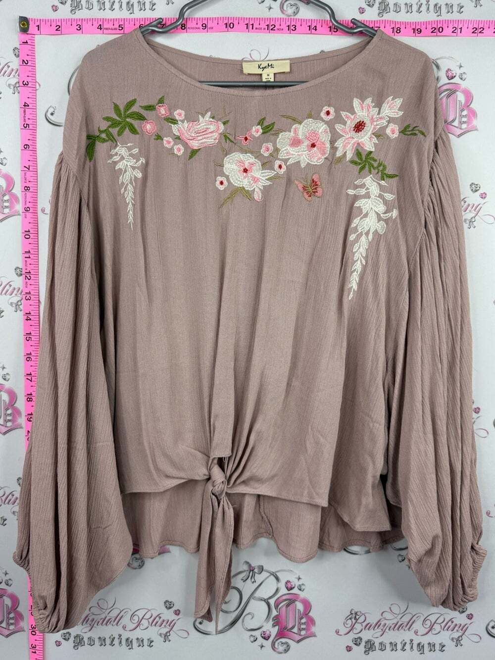 KYEMI Mauve Floral Embroidered Tie-Front Blouse